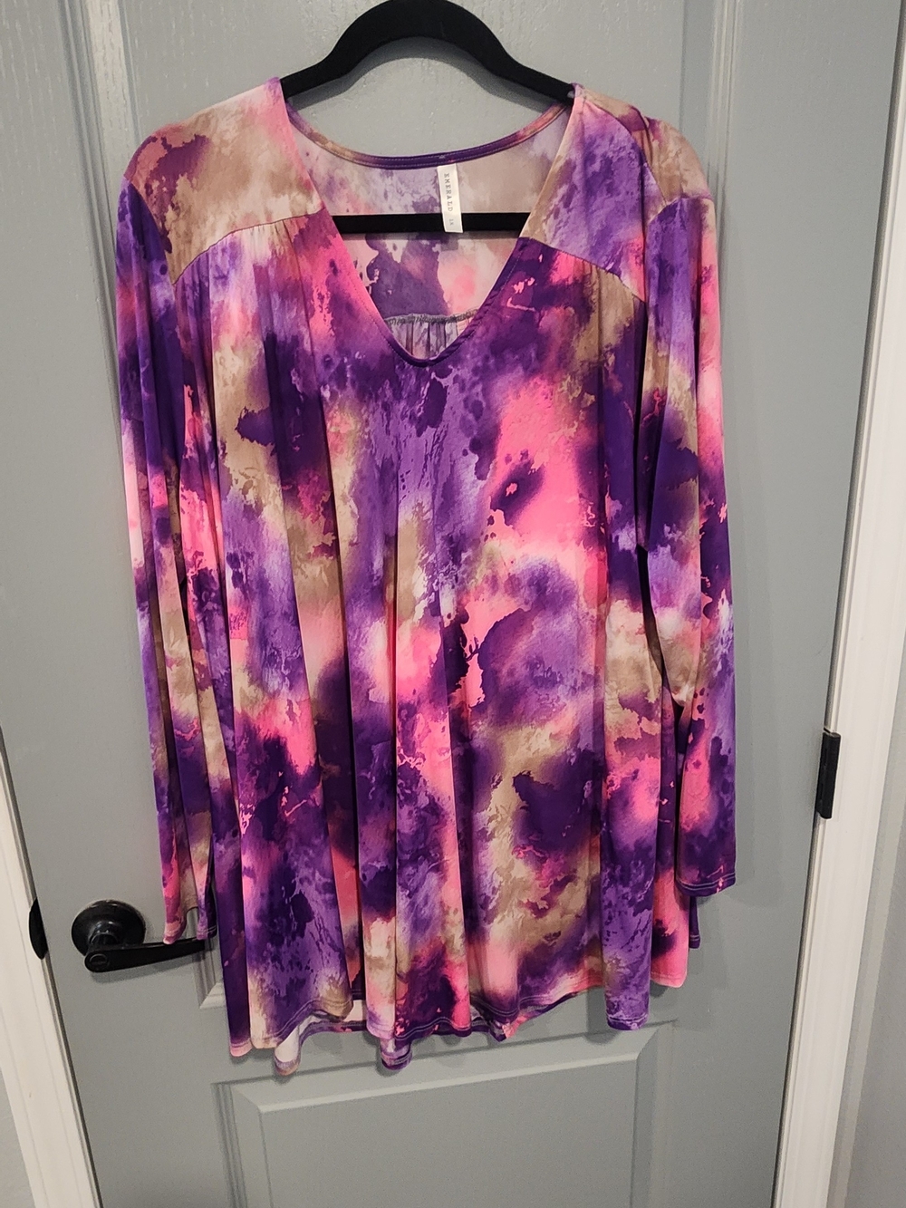 Emerald Purple and Pink Tie-Dye V-Neck Long Sleeve Top